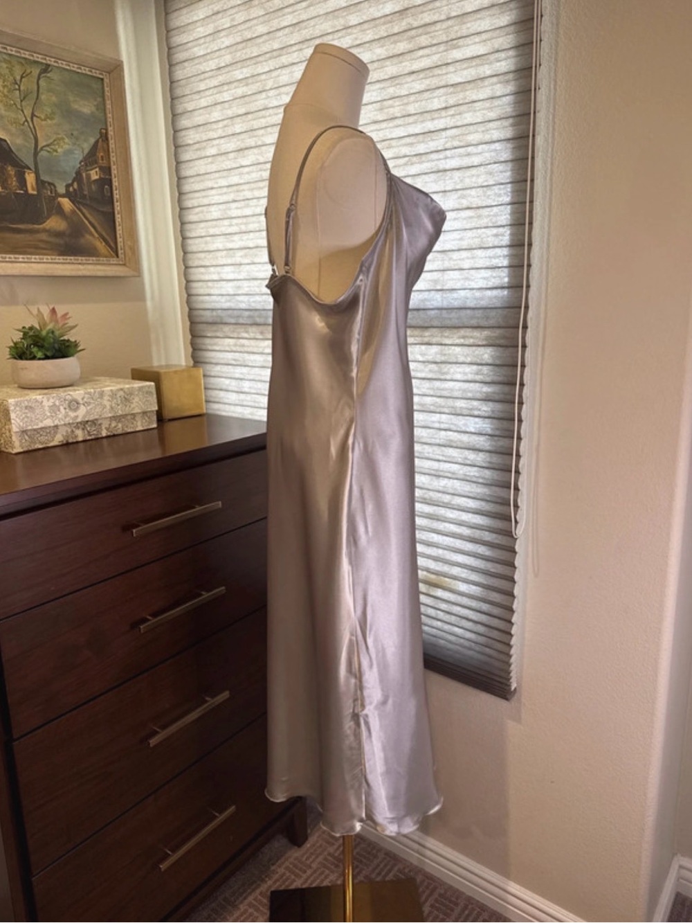 NWT Bebe Silver Satin Cowl Neck Slip Dress. Size Large - Picture 2 of 5